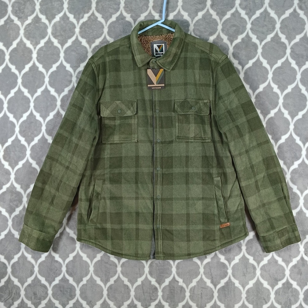 Voyager Shirt Jacket Mens Large Green Plaid Sherpa Lined Fleece Shacket
